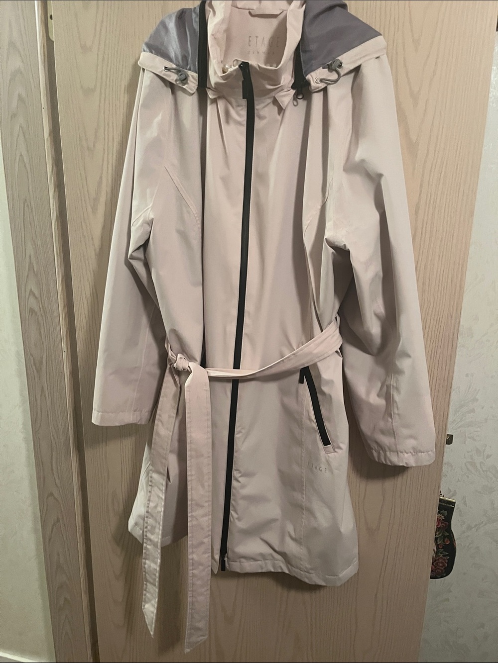 Etage Light Beige Trench Coat with Gray Hood Trim